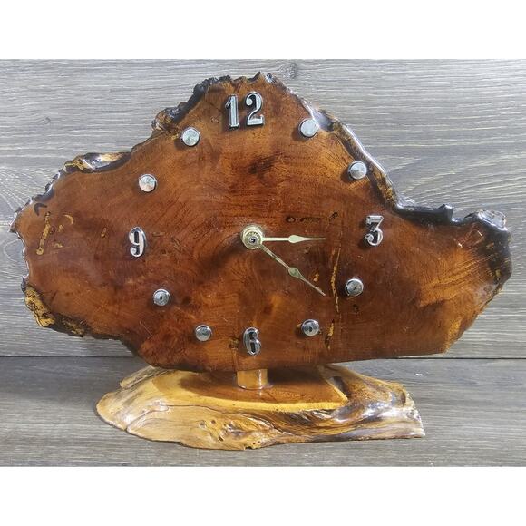 Vintage Live Edge Wood Desk Clock Standing 8" X 10.5" Hand Made - Picture 1 of 10